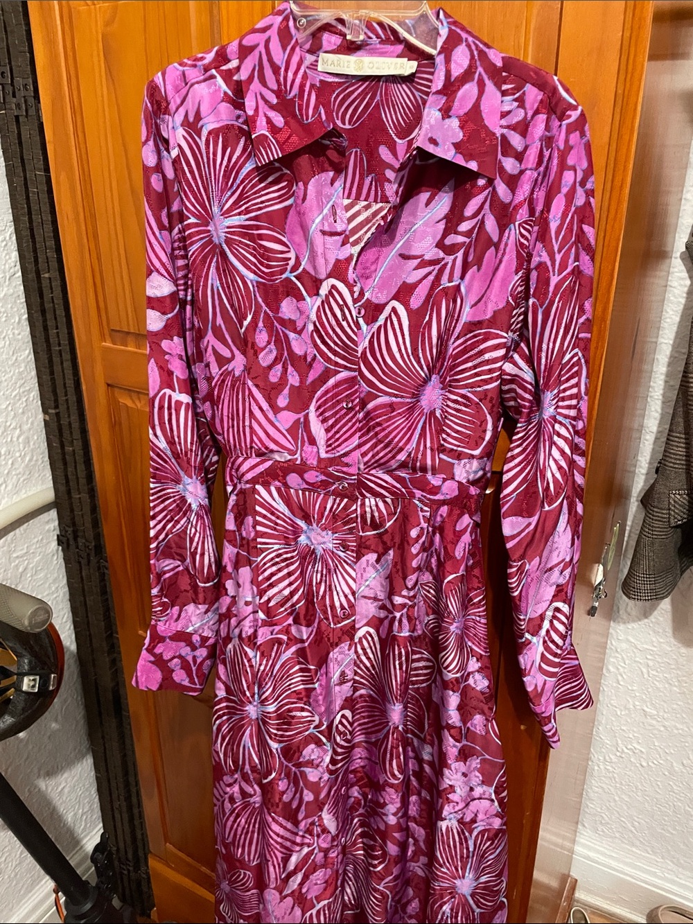 Marie Oliver Magenta Floral Long-Sleeve Collared Dress